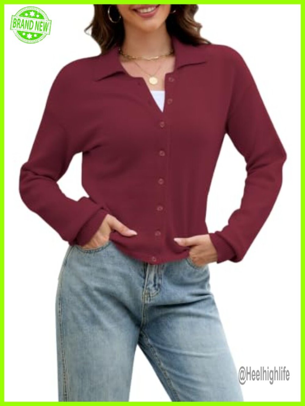 Collared Cardigan Sweater Cropped Button Up Long Sleeve Knit Top